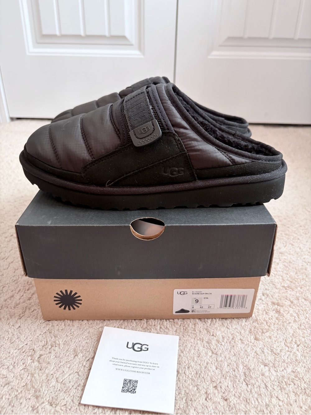 UGG NIB Slip On Puffer Slipper LTA Shoes Slides Black Men's Sz 9 Shearling Lined